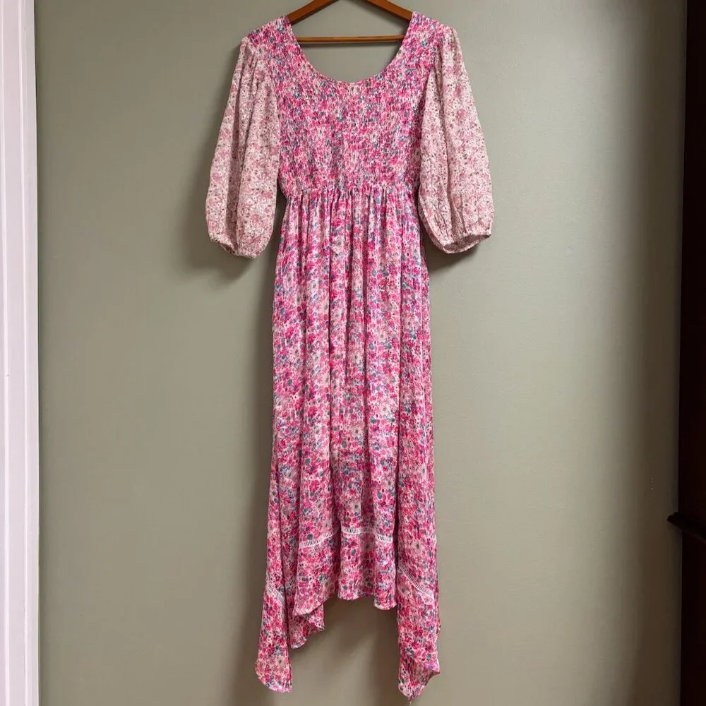 Melloday Floral Midi Dress Size L Fairy Festival Cottage‎ Prairie Asymmetric